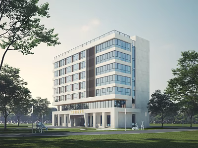 Modern Multi Story Office Building Exterior With Glass Curtain Wall And Green Trees Lawn 3d model