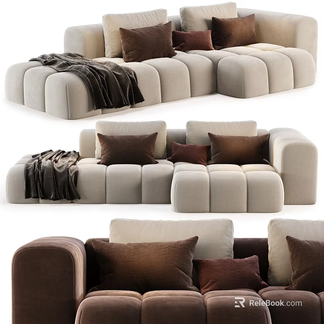Modern Beige Sectional Sofa With Plush Brown Pillows And Soft Blanket 3d model