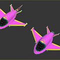 Two Pink Toy Planes With Yellow Edges And Black Cockpits On Dark Background
