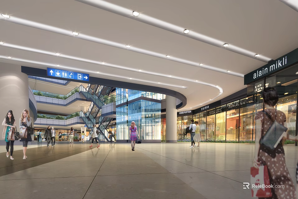 Modern Spacious Bright Shopping Mall Lobby With Ceiling Lights Retail Stores Escalators And Shoppers 3d model 