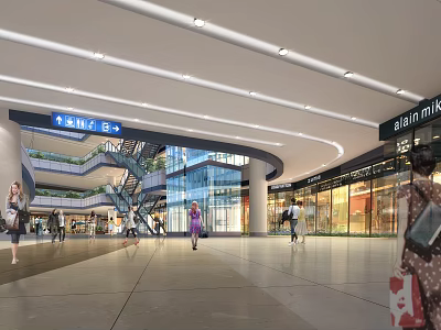 Modern Spacious Bright Shopping Mall Lobby With Ceiling Lights Retail Stores Escalators And Shoppers 3d model