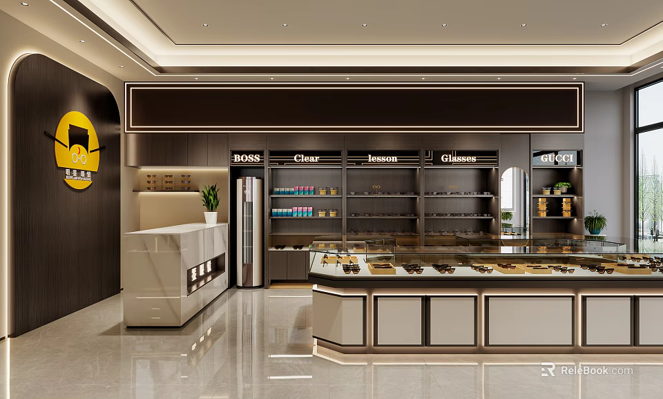 Elegant Modern Specialty Store Interior With Display Cases Product Shelves Counter And Brand Logo 3d model 