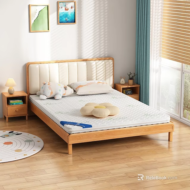 Double Bed With Wooden Frame Upholstered Headboard Comfortable Mattress Side Nightstands And Window Curtains 3d model 