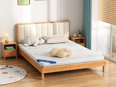 Double Bed With Wooden Frame Upholstered Headboard Comfortable Mattress Side Nightstands And Window Curtains 3d model