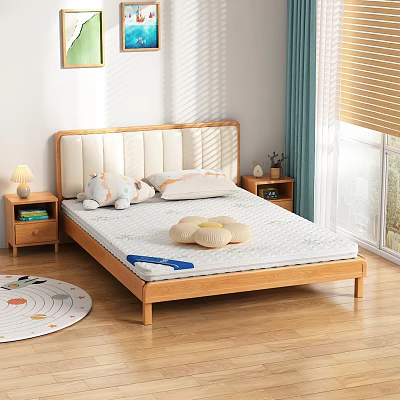 Double Bed With Wooden Frame Upholstered Headboard Comfortable Mattress Side Nightstands And Window Curtains 3d model