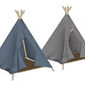 Simple Two Tipi Style Tents With Light Blue And Gray Covers And Wooden Poles