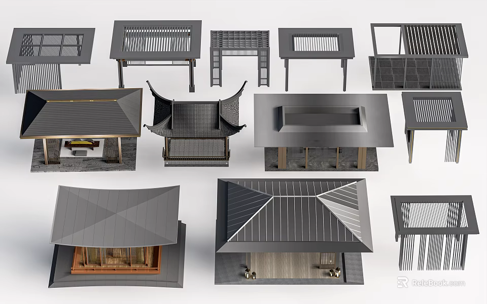 Traditional Chinese Architectural Models Featuring Various Roof Designs Geometric Shapes And Wooden Structures 3d model 
