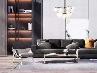 Modern Sofa Coffee Table Set With Throw Pillows Accent Chair And Chandelier 3d model