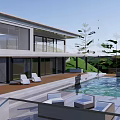 Modern Detached Villa With Large Windows Terrace Swimming Pool Surrounded By Green Lawn And Trees