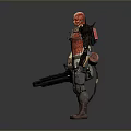 Bald Warrior Character With Red Tattoos Mechanical Arm Large Weapon And Tattered Combat Outfit