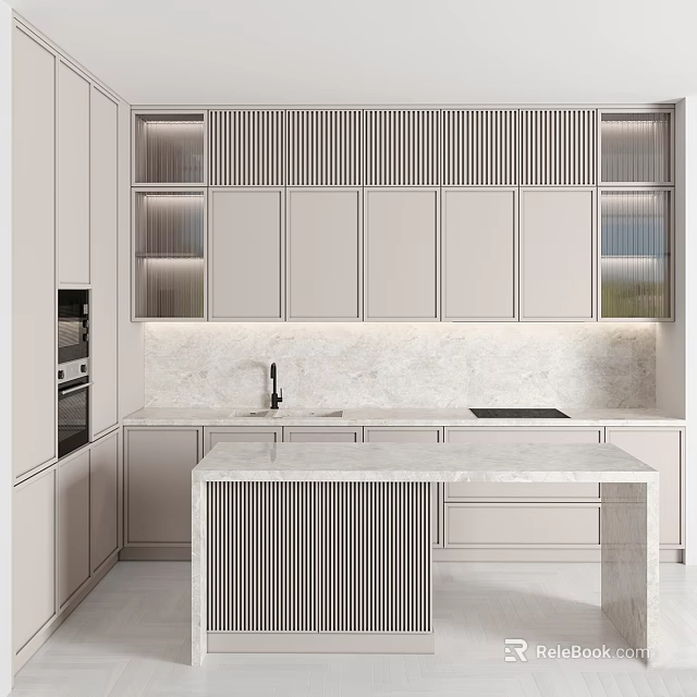 Elegant Modern Kitchen Interior With White Cabinets And Marble Island Countertop 3d model 