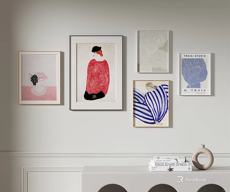 Elegant Wall Art Display With Framed Paintings And Decorative Items 3d model