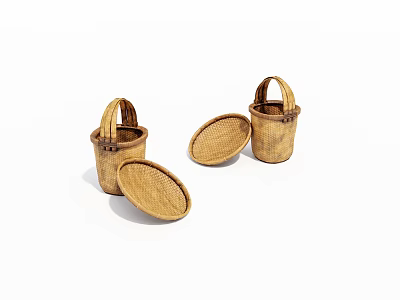 Multiple Handwoven Wicker Storage Baskets With Removable Lids And Sturdy Handles 3d model