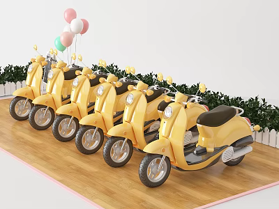 Yellow Scooters Arranged On Wooden Floor With Balloons And Green Plants 3d model