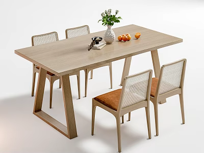 Light Wood Dining Table Set With Rattan Back Chairs Brown Cushions And Decorative Vase 3d model