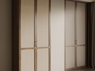 Elegant Modern Wooden Wardrobe With Rattan Panel Design In Home Interior 3d model