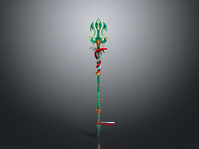 Fantasy Decorative Weapon with Long Green Handle Red Serpent Details and Ornate Top Design 3d model