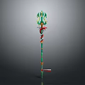 Fantasy Decorative Weapon with Long Green Handle Red Serpent Details and Ornate Top Design