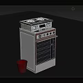Classic Vintage Kitchen Stove with Control Panel Knobs and Red Bucket