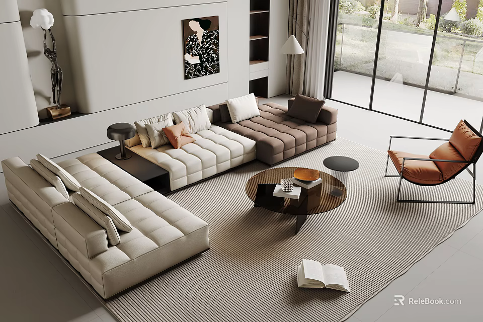 Modern Living Room Interior With Fabric Sofa And Round Coffee Table Set 3d model 