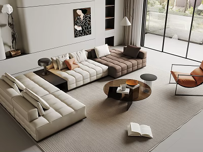 Modern Living Room Interior With Fabric Sofa And Round Coffee Table Set 3d model