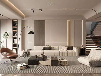 Modern Living Room Interior Design With White Sofa Striped Rug Brown Chair And Coffee Table 3d model