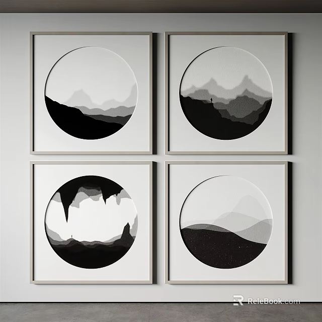 Four Square Framed Circular Black And White Mountain Art With Cave Scenes 3d model