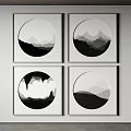 Four Square Framed Circular Black And White Mountain Art With Cave Scenes 3d model