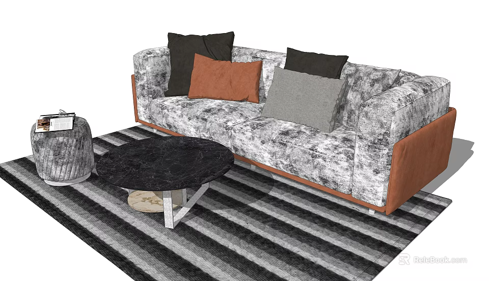 Patterned Sofa With Multicolored Cushions And Black Round Coffee Table Set On Striped Rug 3d model