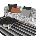 Patterned Sofa With Multicolored Cushions And Black Round Coffee Table Set On Striped Rug 3d model