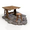 Rustic Wooden Table And Stools Set On Natural Stone Pavement For Outdoor Furniture