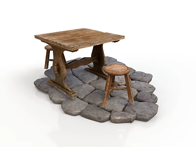 Rustic Wooden Table And Stools Set On Natural Stone Pavement For Outdoor Furniture 3d model