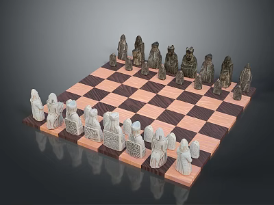 Handcrafted Chessboard With Stone Carved Pieces And Checkerboard Pattern On Wooden Base 3d model