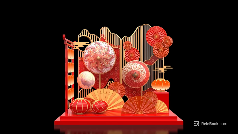 Traditional Chinese Festival Decoration With Red Lanterns Fans Drum And Golden Frame 3d model 