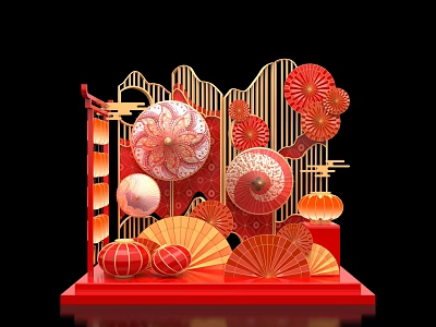 Traditional Chinese Festival Decoration With Red Lanterns Fans Drum And Golden Frame 3d model