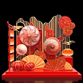Traditional Chinese Festival Decoration With Red Lanterns Fans Drum And Golden Frame