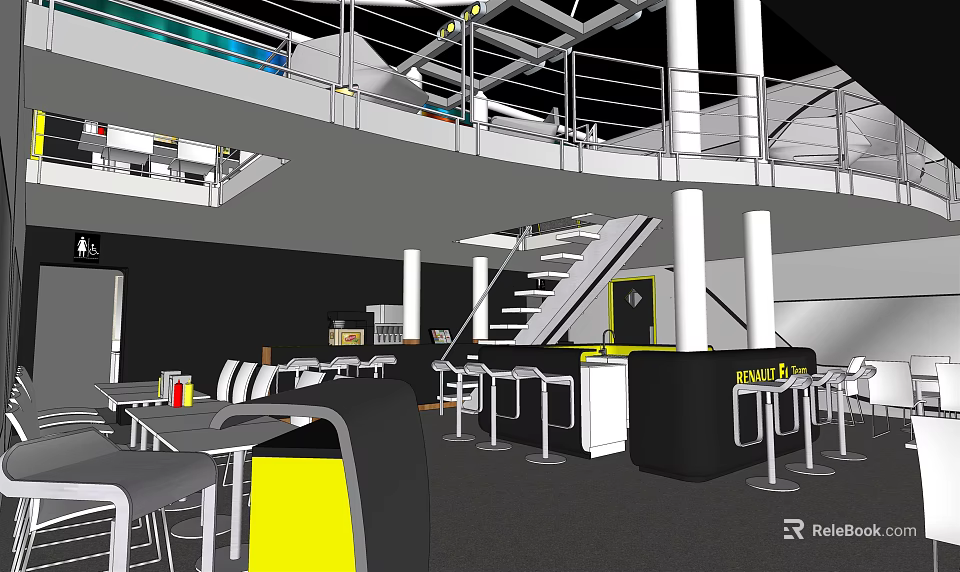 Modern Two Floor Bar Interior With Staircase Bar Counter Tables And Yellow Accents 3d model 