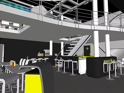 Modern Two Floor Bar Interior With Staircase Bar Counter Tables And Yellow Accents 3d model