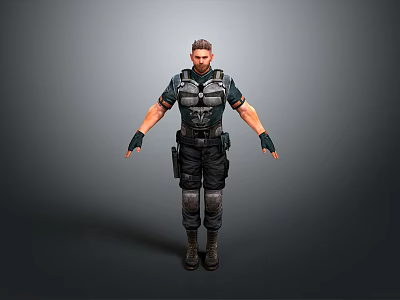 Male Character In Tactical Gear Standing Pose With Black Vest And Gray Background 3d model