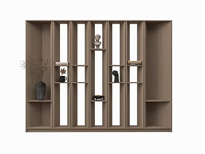 Modern Wooden Bookcase with Multiple Compartments and Decorative Items Like Vase And Sculptures 3d model