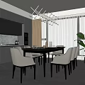 Modern Restaurant Interior With Black Cabinets Chandelier Dining Table Chairs Large Windows And Plant