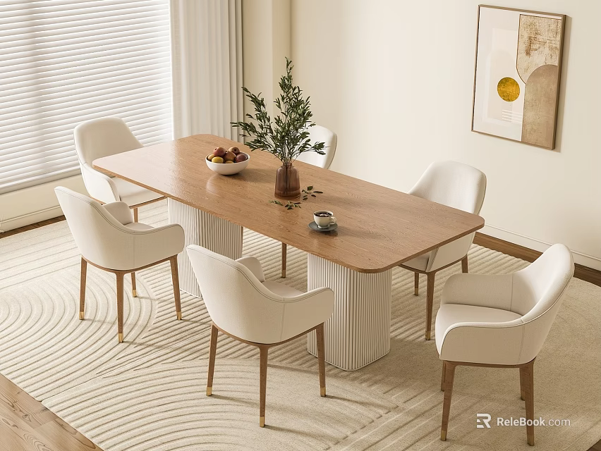 Modern Wooden Dining Table Set With White Chairs Green Plant And Fruit Bowl 3d model 