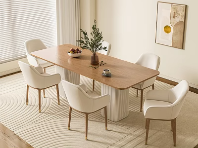 Modern Wooden Dining Table Set With White Chairs Green Plant And Fruit Bowl 3d model