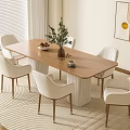 Modern Wooden Dining Table Set With White Chairs Green Plant And Fruit Bowl