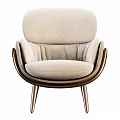 Elegant Beige Fabric Upholstered Single Sofa with Curved Wooden Frame and Modern Design