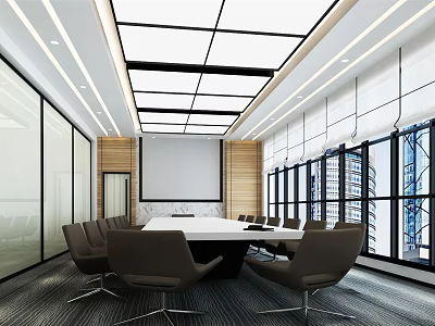 Modern Conference Room Interior With Large Windows City View And Projector Screen 3d model