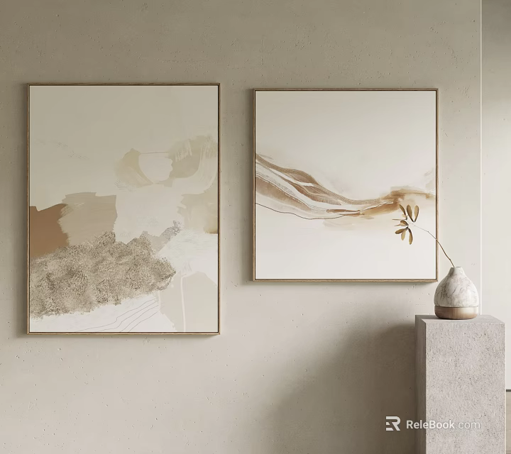 Minimalist Abstract Paintings With Neutral Tones And Thin Frames On Beige Wall 3d model