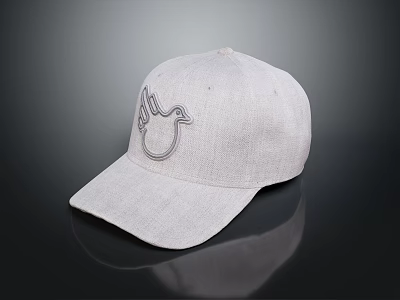 Light Gray Linen Hat With Embroidered Bird Design On Black Surface 3d model