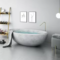 Stylish Freestanding Gray Bathtub With Gray Towel Golden Shelf Wall Art And Pendant Light