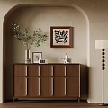 Warm Interior Scene With Arched Beige Wall Brown Cabinet Green Plant And Floor Lamp